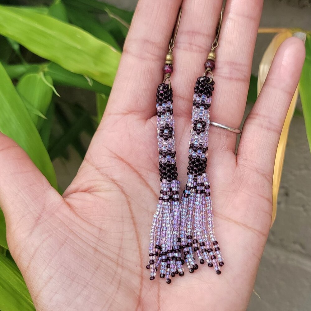 Native American handmade purple flower tube tassle long dangle earrings